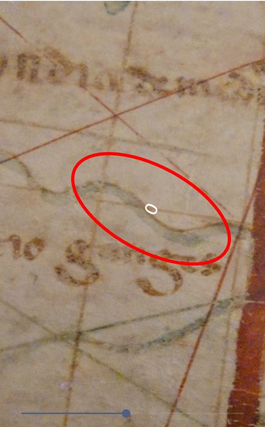 Detail of the De la Cosa map showing dot-like pigment loss along an island outline