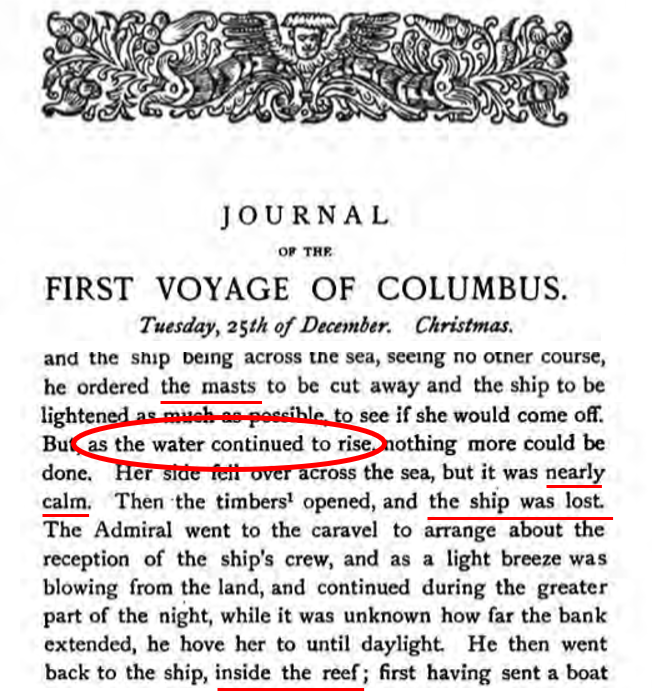 Markham's 1893 English translation of the same passage, with 'as the water continued to rise' circled and 'the masts', 'nearly calm', 'the ship was lost', and 'inside the reef' underlined, matching the marks on the Spanish.