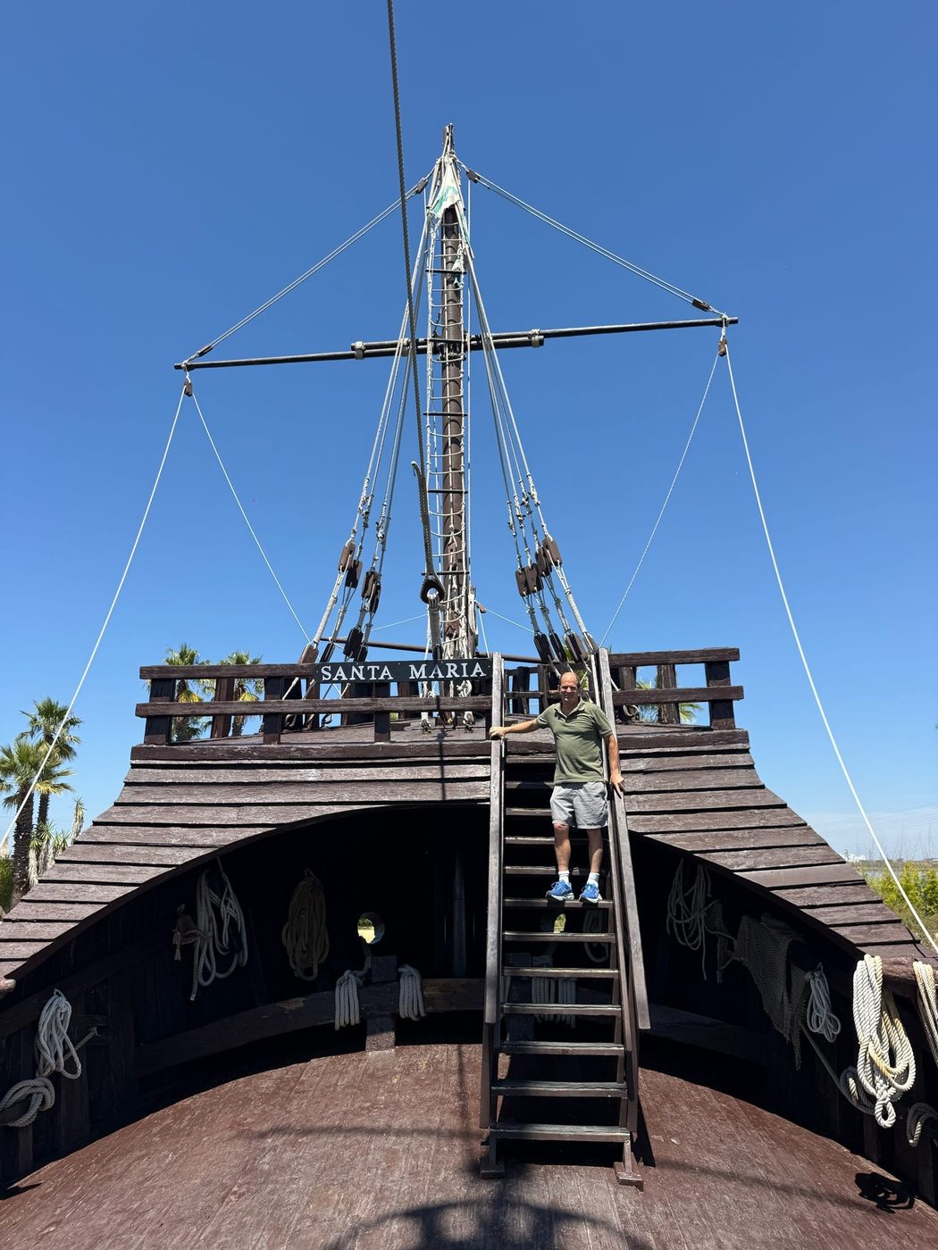 Graham Balch climbing aboard the Santa María replica at La Rábida