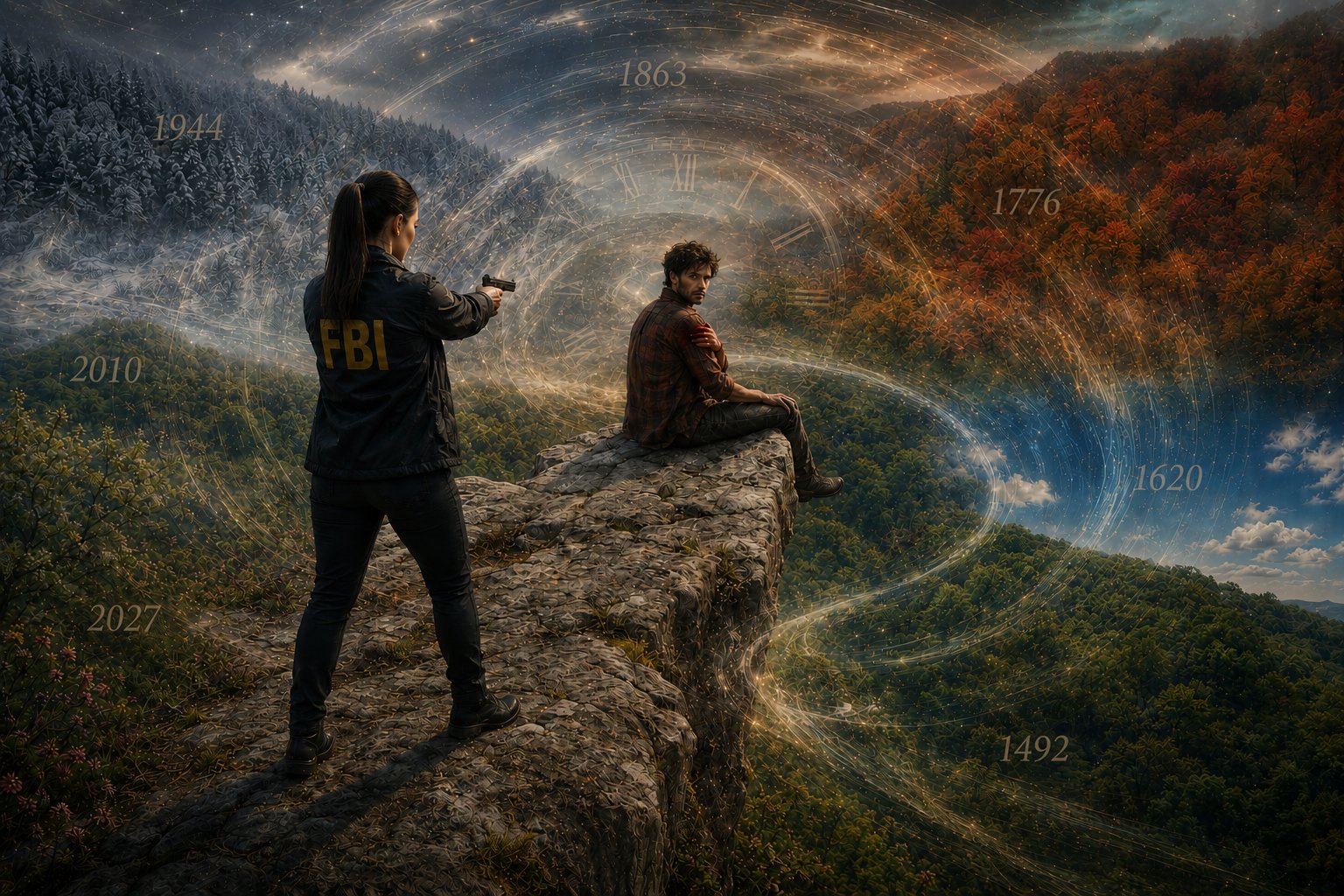 FBI agent and man on a rock outcropping with time swirling around them